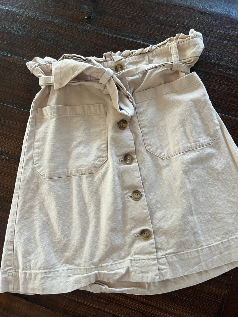 LOFT Beige Paperbag Button-Front Midi Skirt